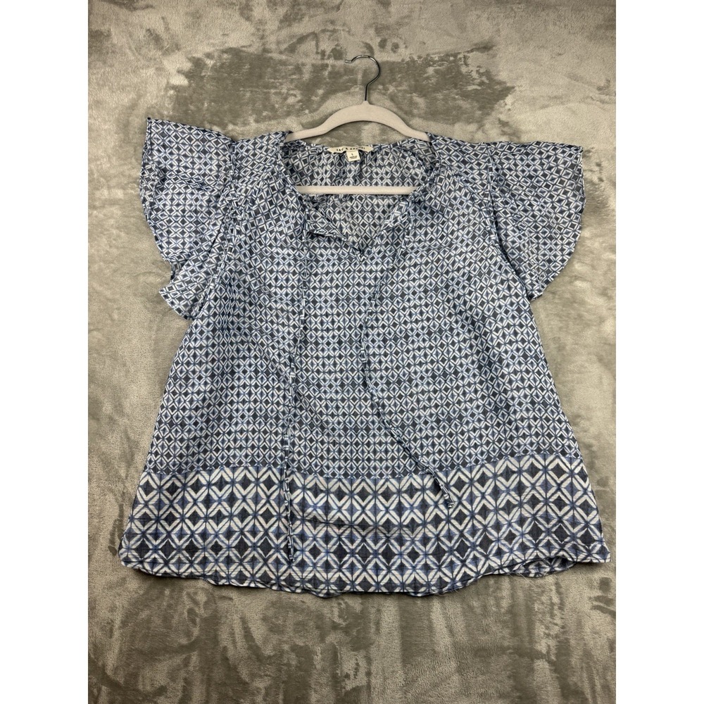 Zac & Rachel Blouse Women's Large Blue Geometric V-Neck Short Flutter Sleeve Tie